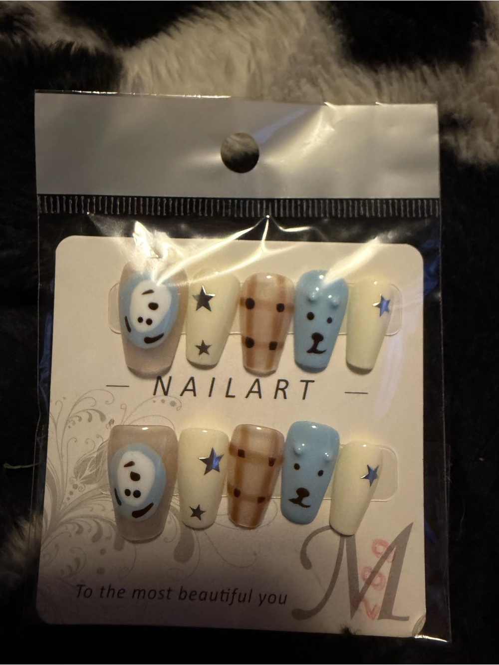 Cute Blue & Cream Bear and Star Press-On Nails